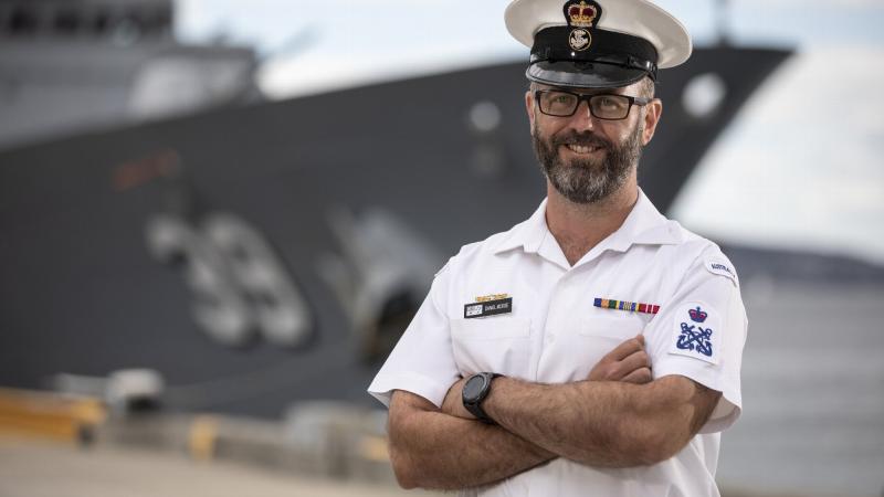 Petty Officer Daniel McRoe returns home to Tasmania in HMAS Hobart, which supported the 184th Royal Hobart Regatta. Photo: Leading Seaman Daniel Goodman