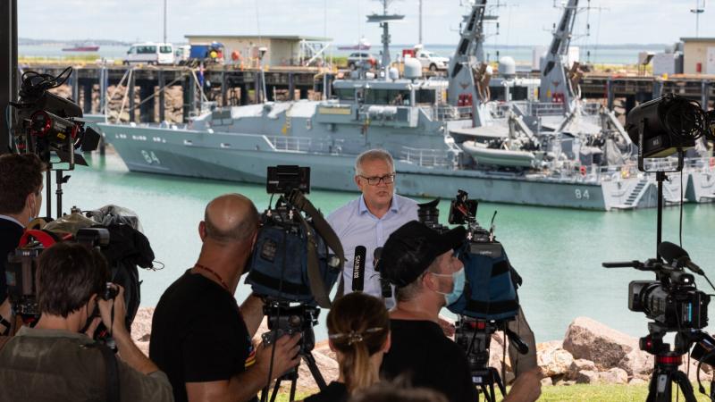 Prime Minister Scott Morrison conducts a press conference during his visit to HMAS Coonawarra in Darwin. Photo: Petty Officer Peter Thompson