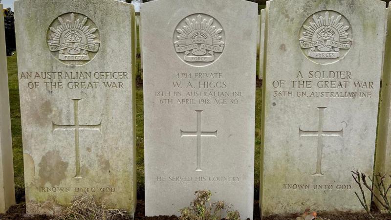 Private William Higgs’ newly installed headstone at CWGC Crucifix Corner Cemetery, Villers-Bretonneux. 