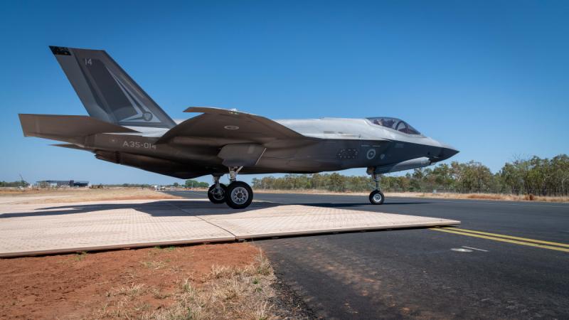 An F-35A tests put the Dura-Base matting during the two-week trial of the temporary surface at RAAF Base Tindal, NT.