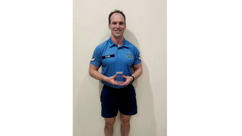 Physical training instructor Corporal Tim Kain with his Australian Strength and Conditioning Association 2024 Tactical and Occupational Performance coach of the year award.